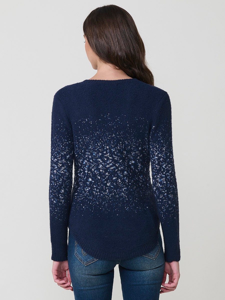 Jersey de punto con tacto suave para mujer, escote redondo, manga larga, bajo redondeado y dibujo jacquard.