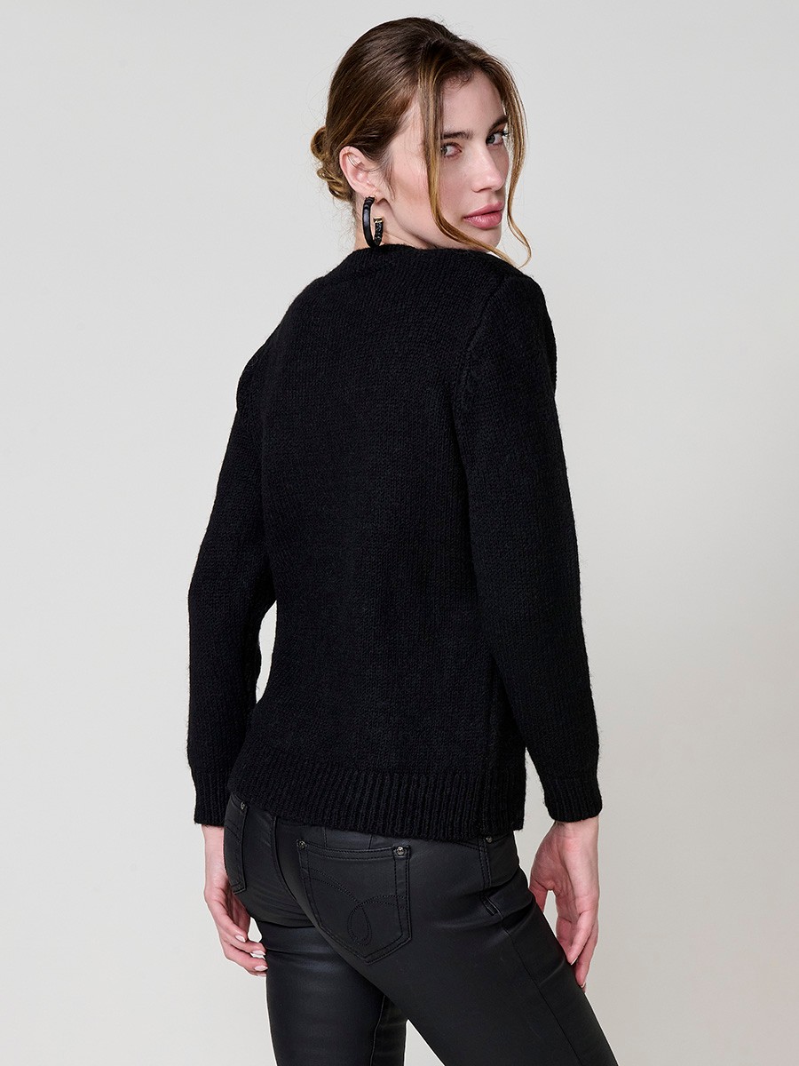 Women’s knit sweater with long sleeves, round neckline, floral embroidery on front and sleeve, Koröshi metal logo plate at hem.