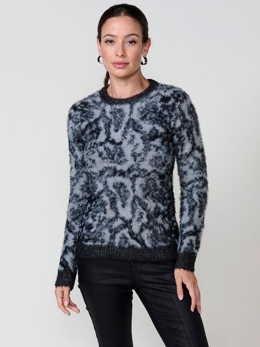 Women’s knit sweater with soft-touch furry texture, round neck, long sleeves, animal jacquard design and Koröshi metal logo plate.