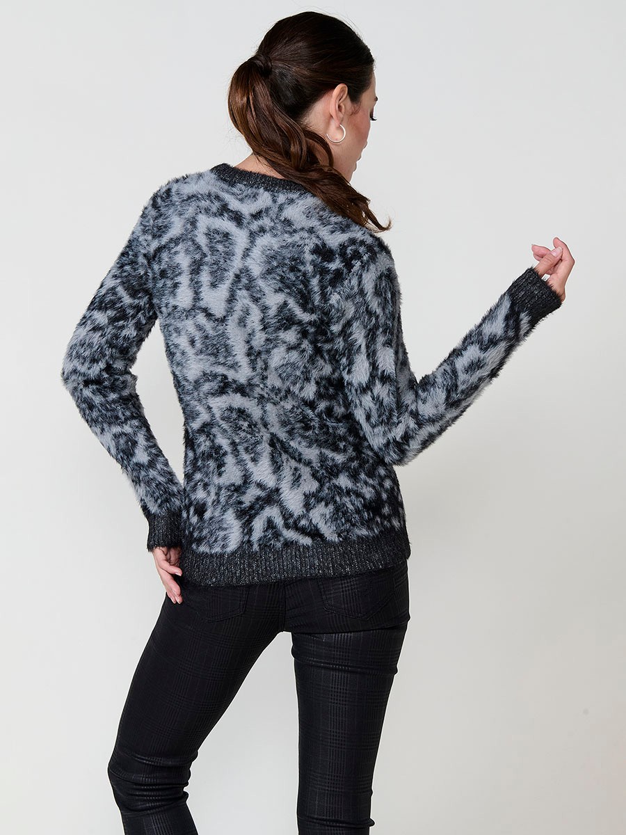 Women’s knit sweater with soft-touch furry texture, round neck, long sleeves, animal jacquard design and Koröshi metal logo plate.