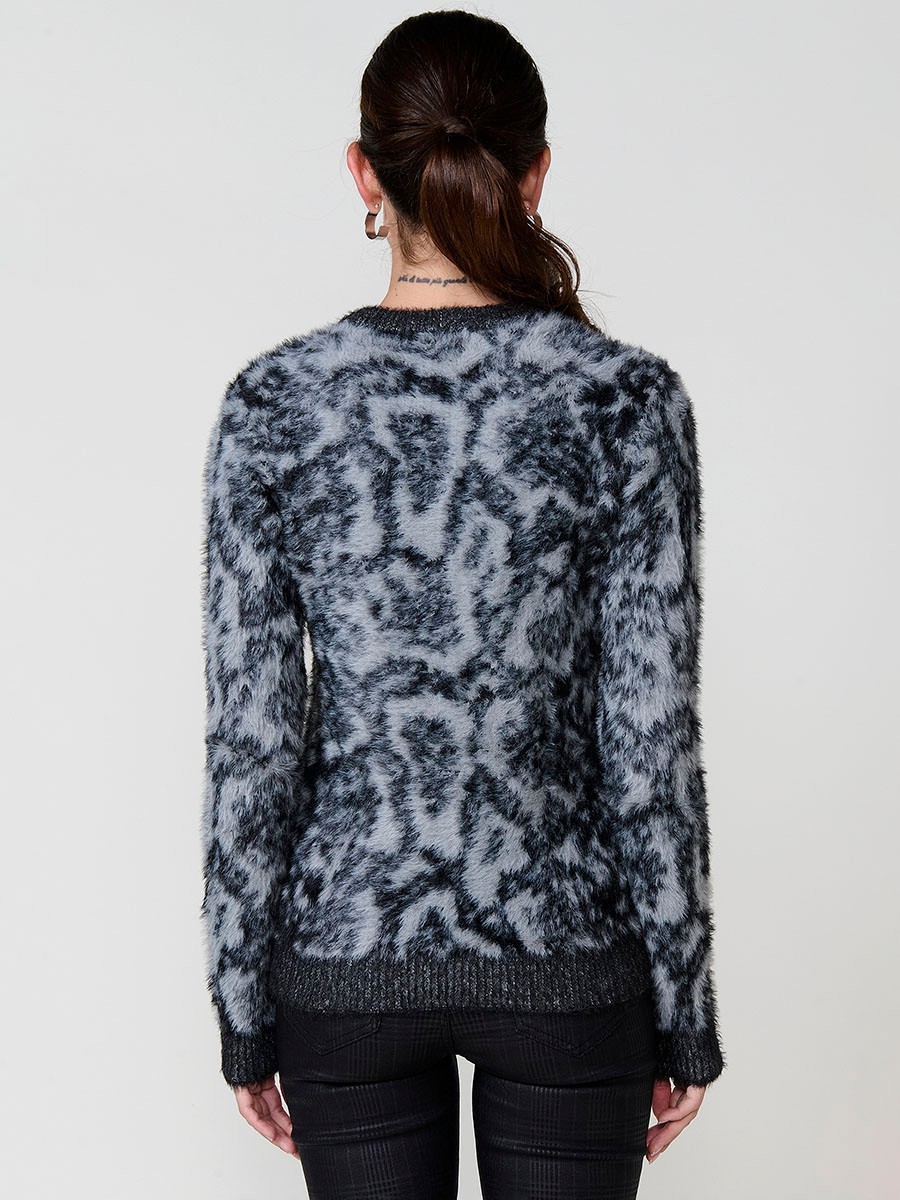 Women’s knit sweater with soft-touch furry texture, round neck, long sleeves, animal jacquard design and Koröshi metal logo plate.