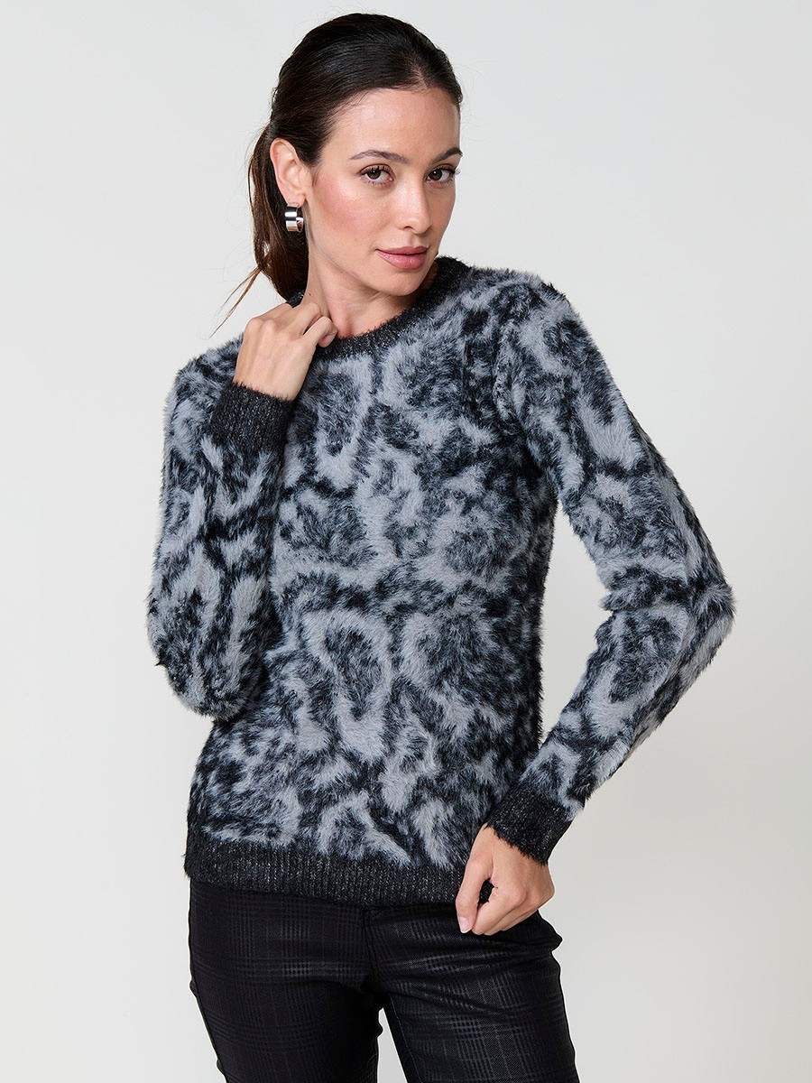 Women’s knit sweater with soft-touch furry texture, round neck, long sleeves, animal jacquard design and Koröshi metal logo plate.