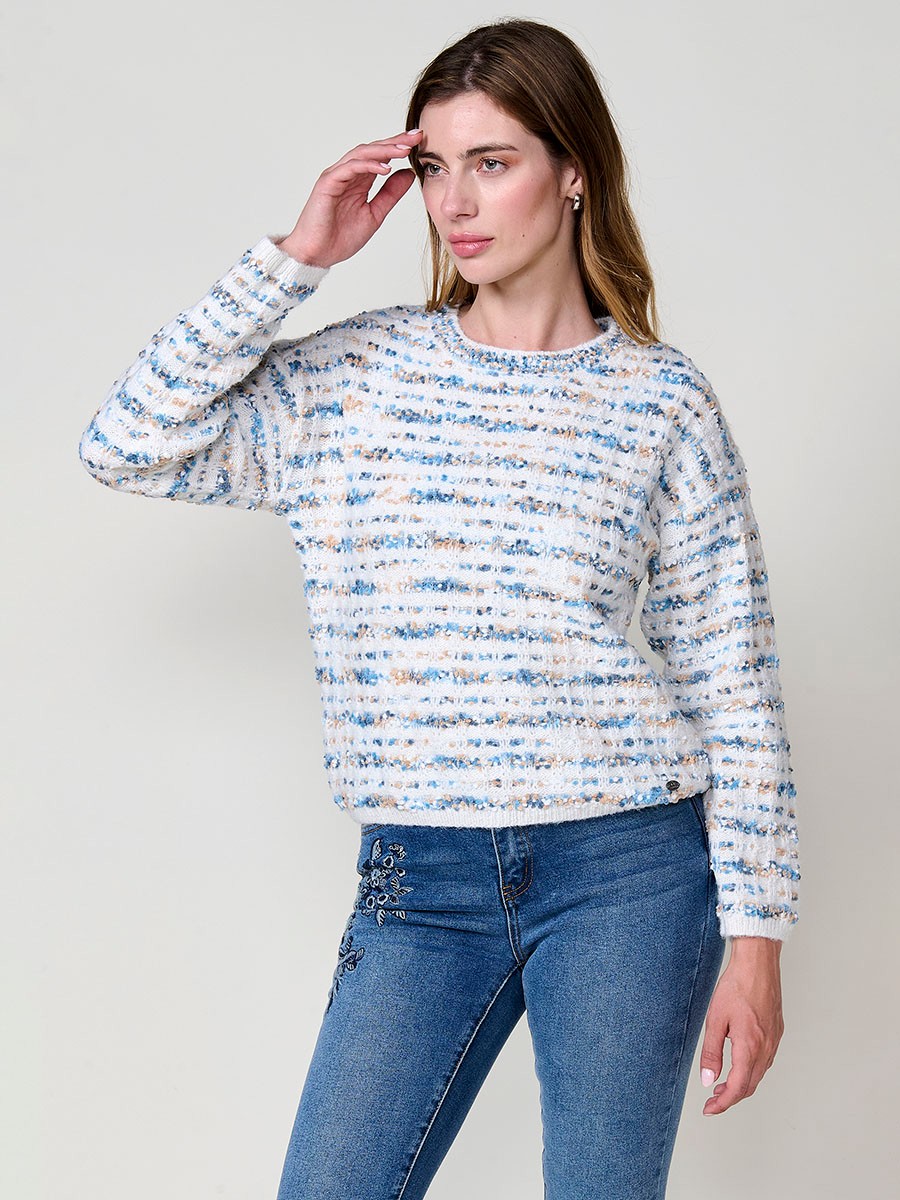 Jersey mujer multicolor de punto chenilla con rayas y escote redondo