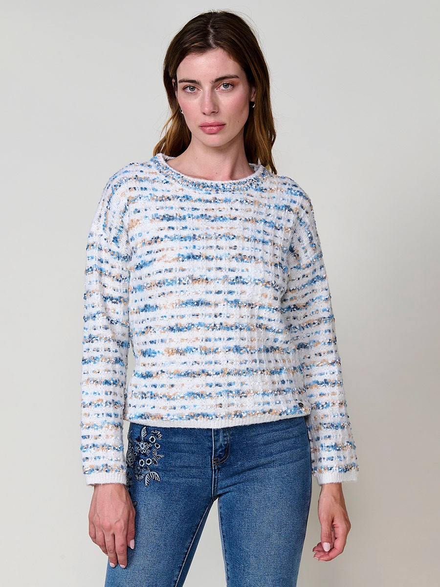 Jersey mujer multicolor de punto chenilla con rayas y escote redondo 6