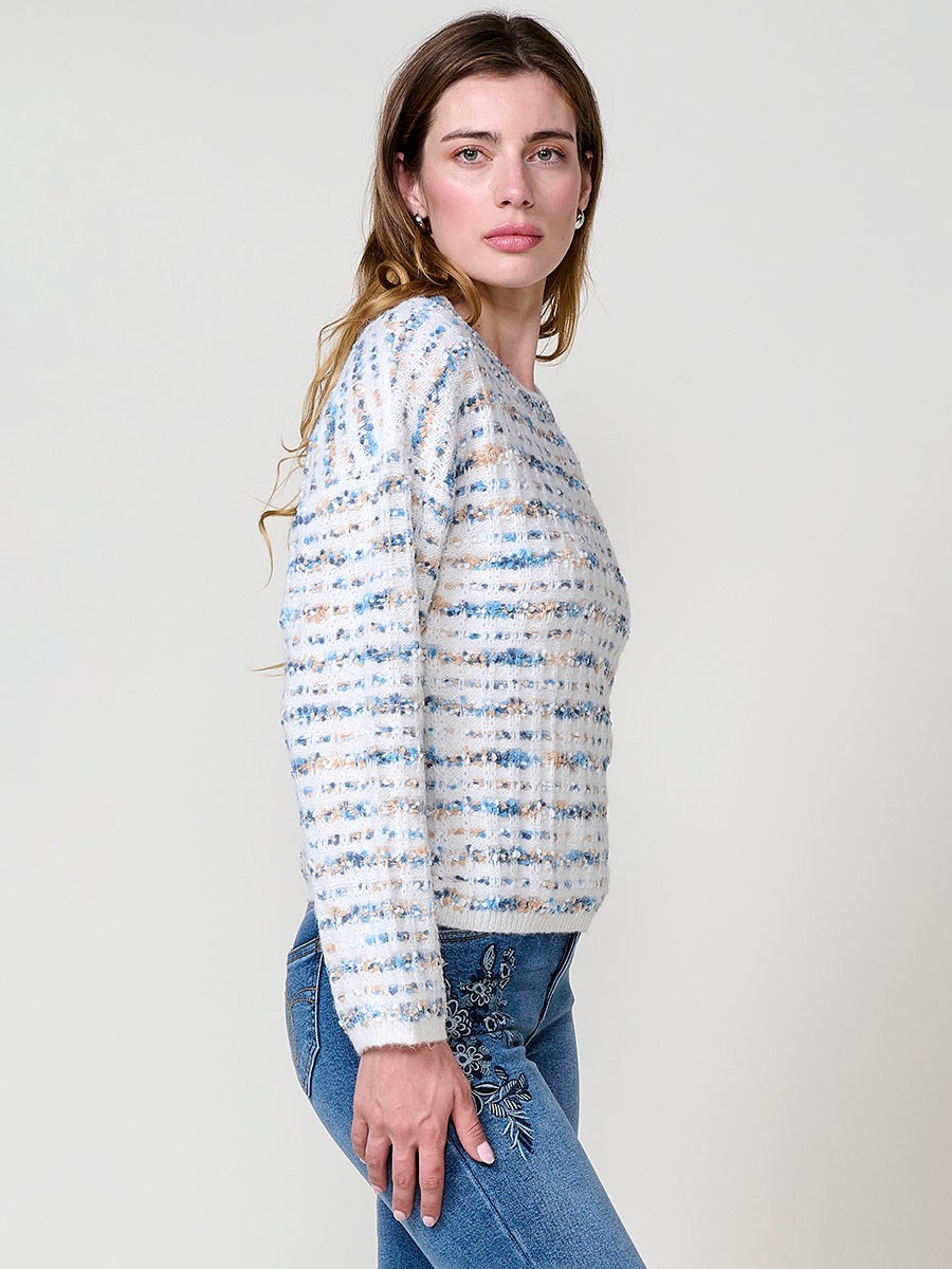 Jersey mujer multicolor de punto chenilla con rayas y escote redondo 4