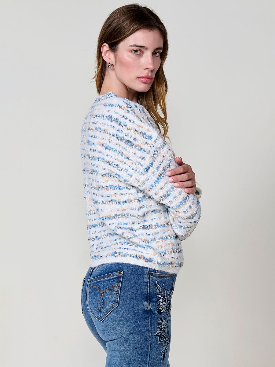 Jersey mujer multicolor de punto chenilla con rayas y escote redondo 5
