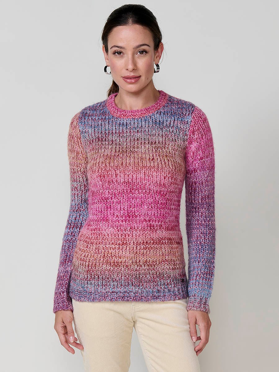 Women’s multicolor knit sweater with round neckline, long sleeves, metallic thread detail and Koröshi multicolor logo plate.