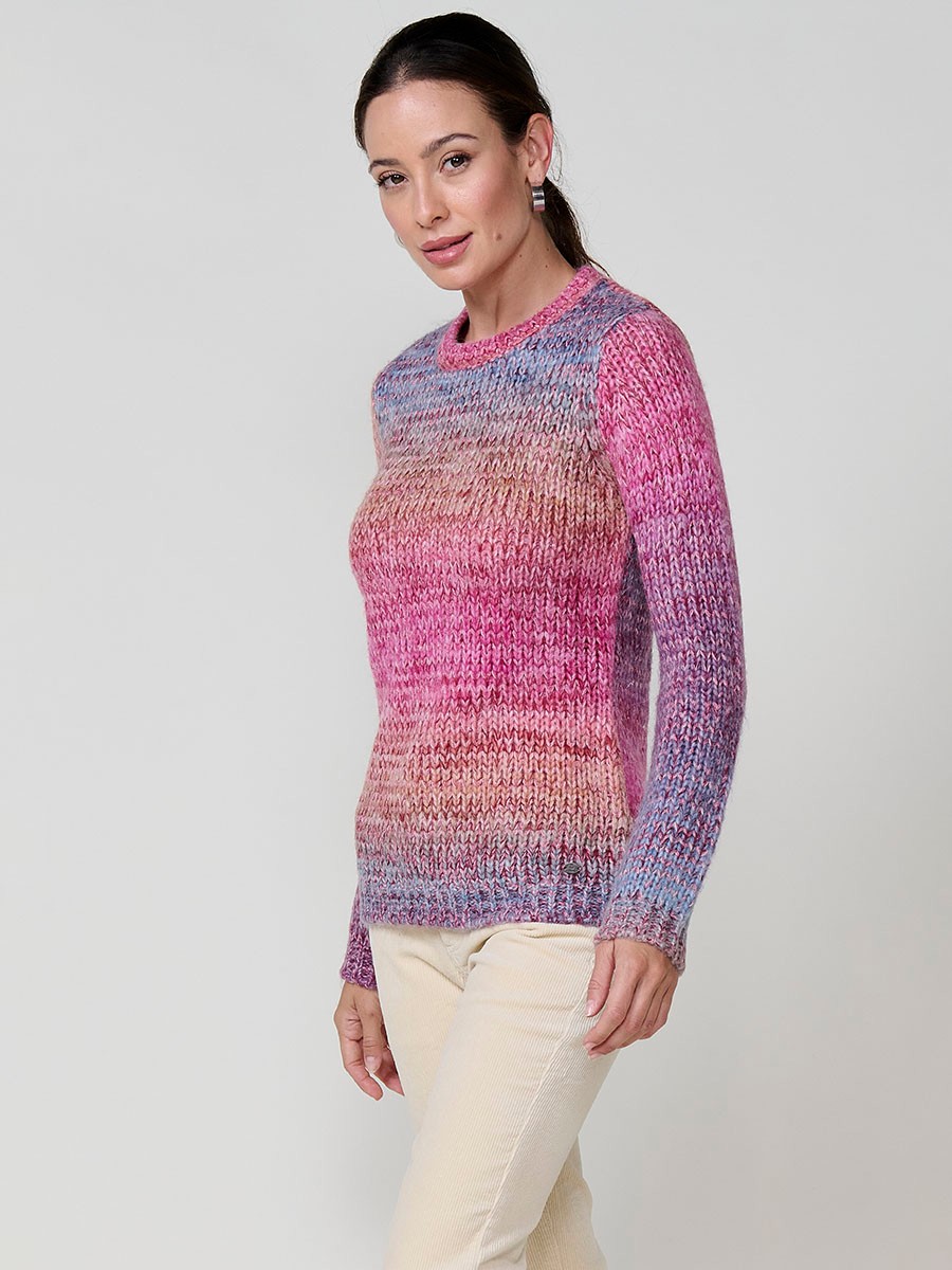Women’s multicolor knit sweater with round neckline, long sleeves, metallic thread detail and Koröshi multicolor logo plate.