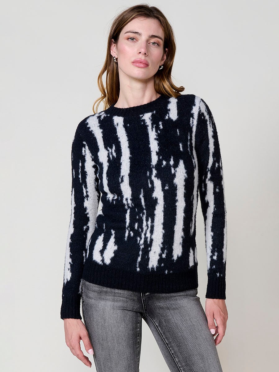 Jersey negro mujer de punto con dibujo jacquard bicolor y cuello redondo