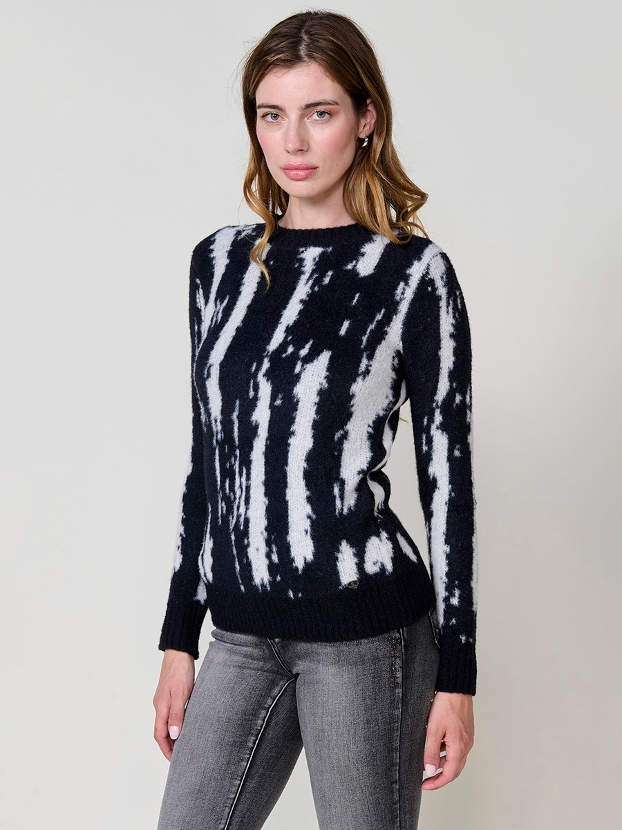 Jersey negro mujer de punto con dibujo jacquard bicolor y cuello redondo 1