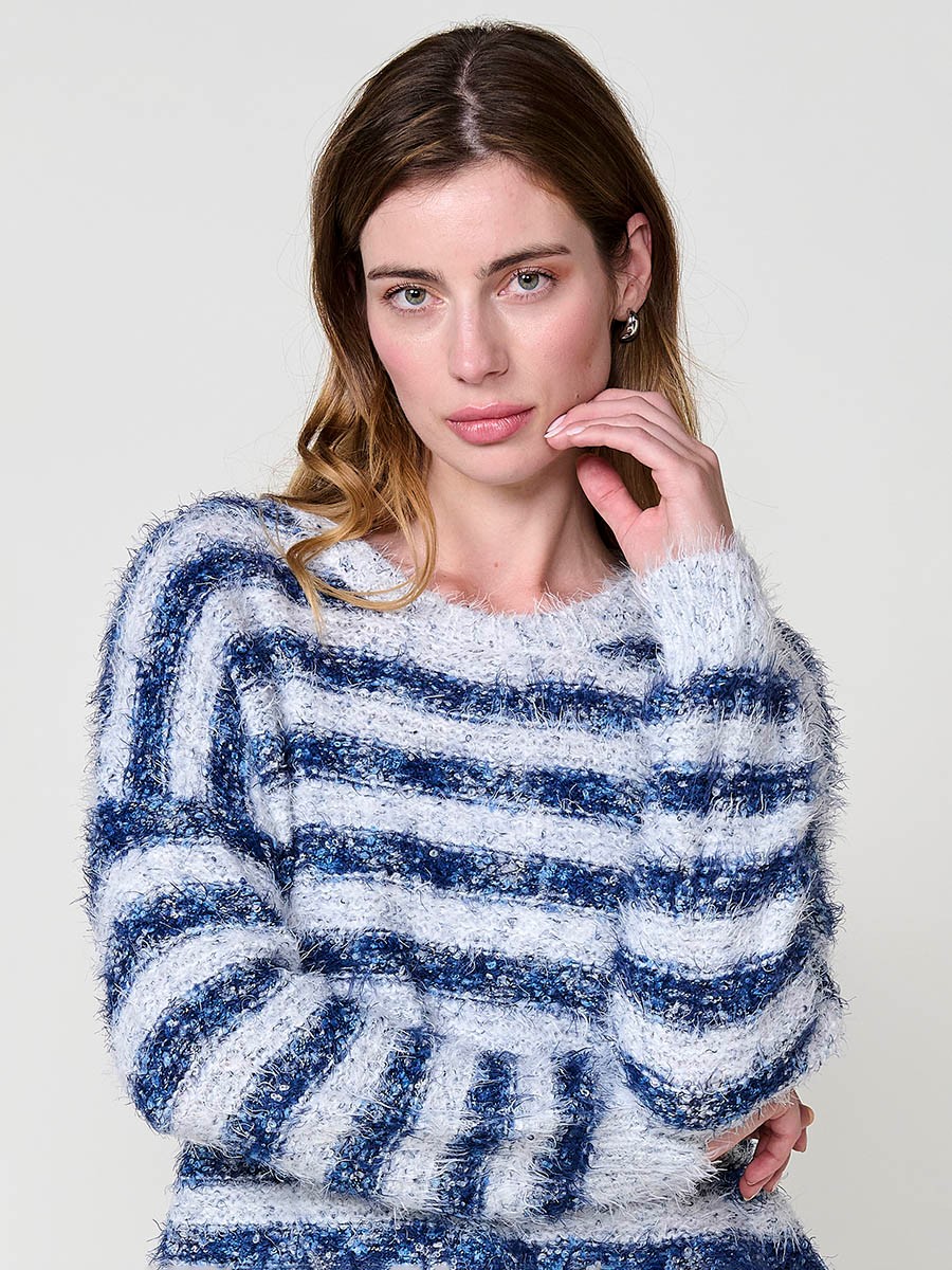 Women’s knit sweater with soft-touch furry texture, round neck, long sleeves, multicolor striped design and Koröshi logo plate.