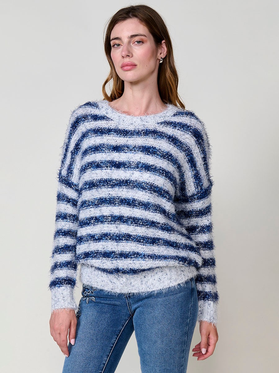 Women’s knit sweater with soft-touch furry texture, round neck, long sleeves, multicolor striped design and Koröshi logo plate.