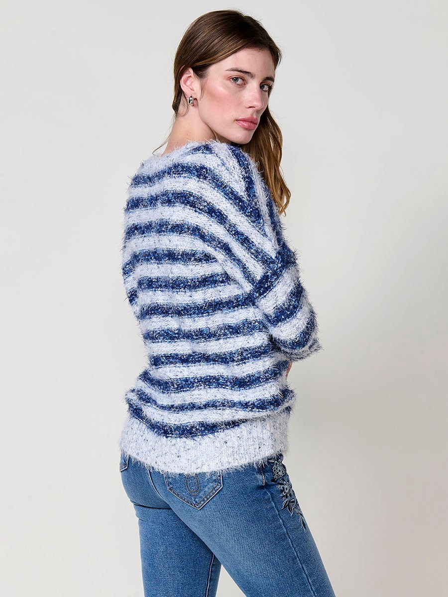 Women’s knit sweater with soft-touch furry texture, round neck, long sleeves, multicolor striped design and Koröshi logo plate.