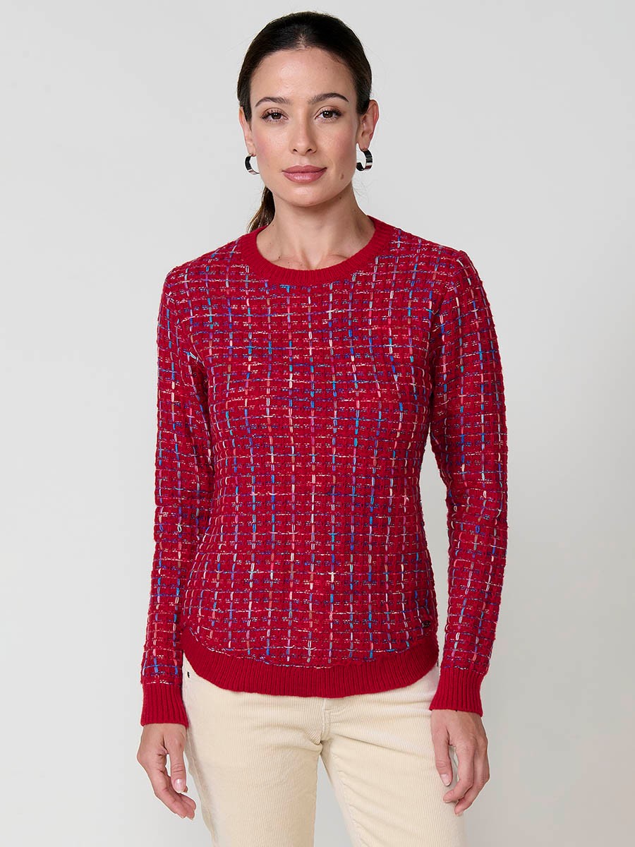 Pull femme bordeaux en maille avec fil multicolore et base arrondie