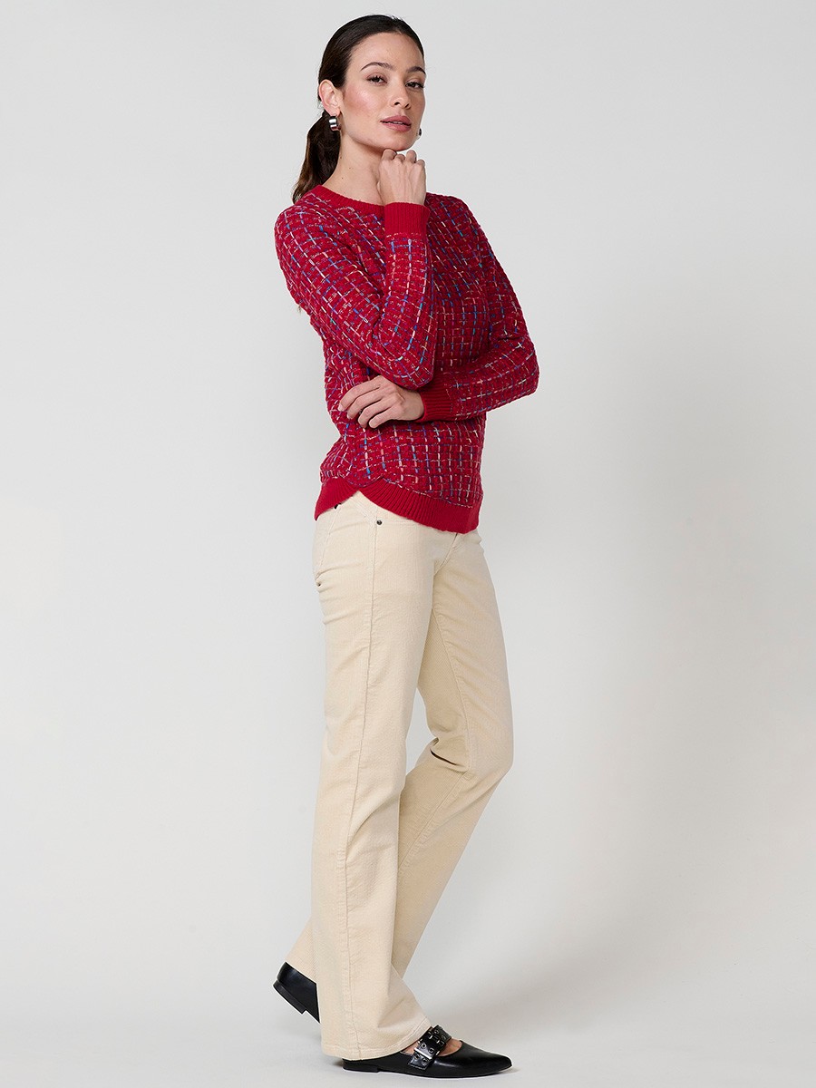 Pull femme bordeaux en maille avec fil multicolore et base arrondie 1