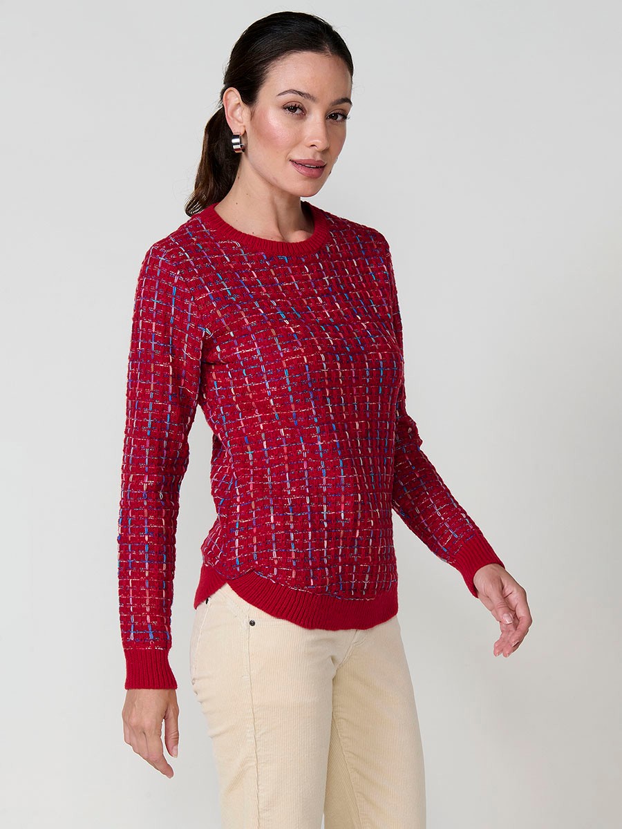 Pull femme bordeaux en maille avec fil multicolore et base arrondie 6