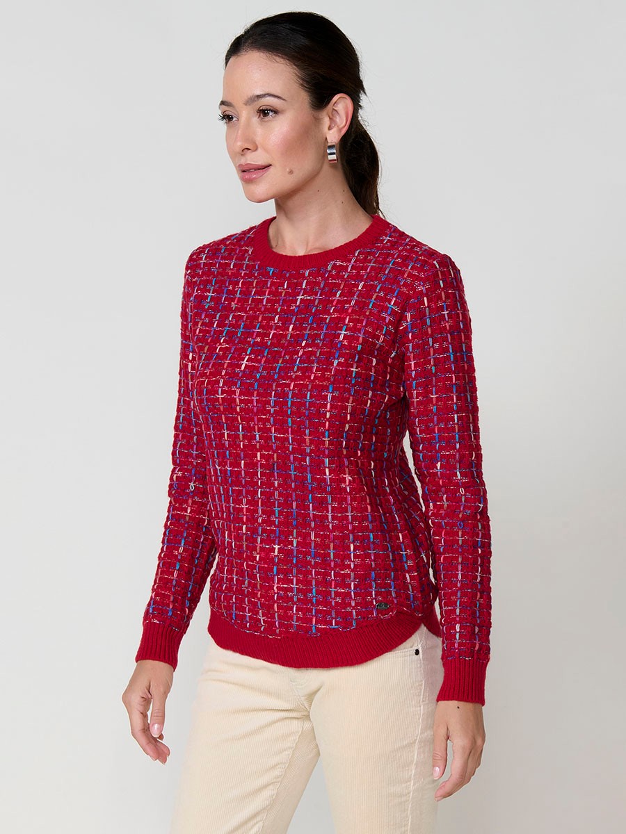 Pull femme bordeaux en maille avec fil multicolore et base arrondie 3