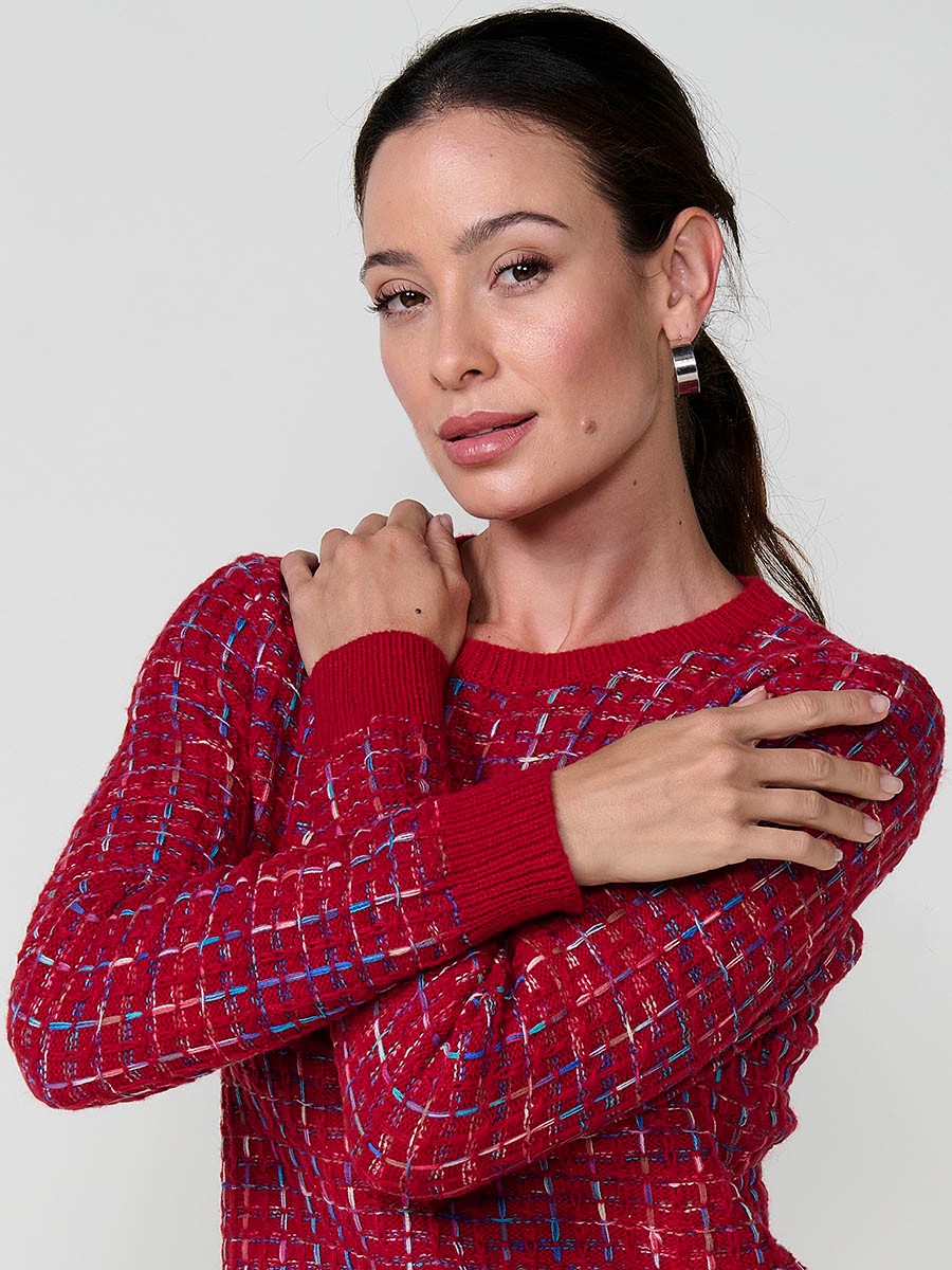 Pull femme bordeaux en maille avec fil multicolore et base arrondie 5