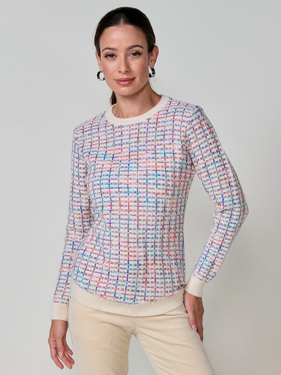 Pull femme écru en maille avec fil multicolore et base arrondie