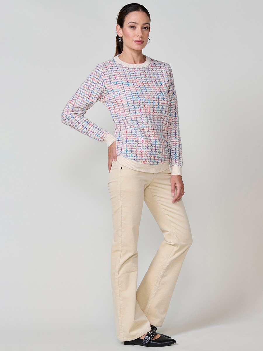 Pull femme écru en maille avec fil multicolore et base arrondie 1