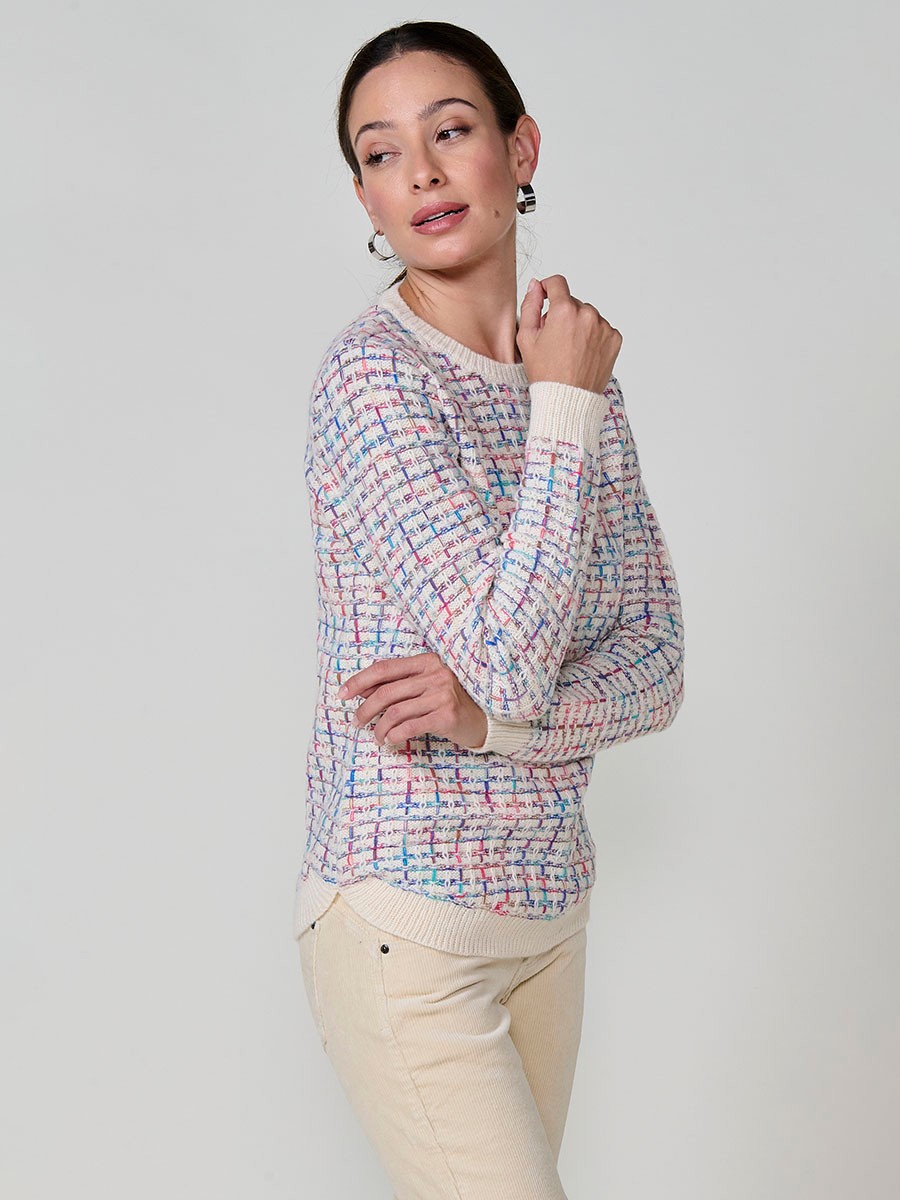 Pull femme écru en maille avec fil multicolore et base arrondie 3