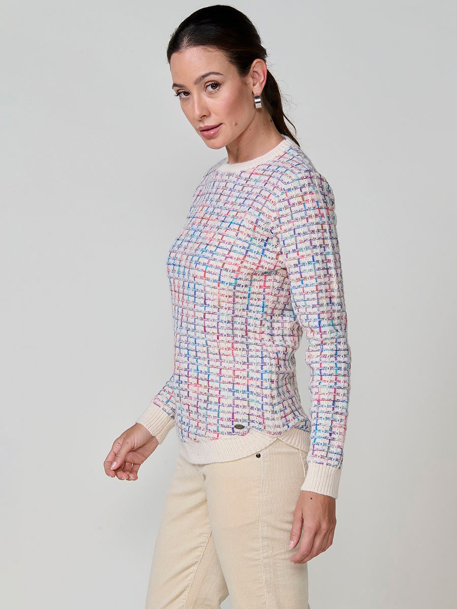 Pull femme écru en maille avec fil multicolore et base arrondie 7