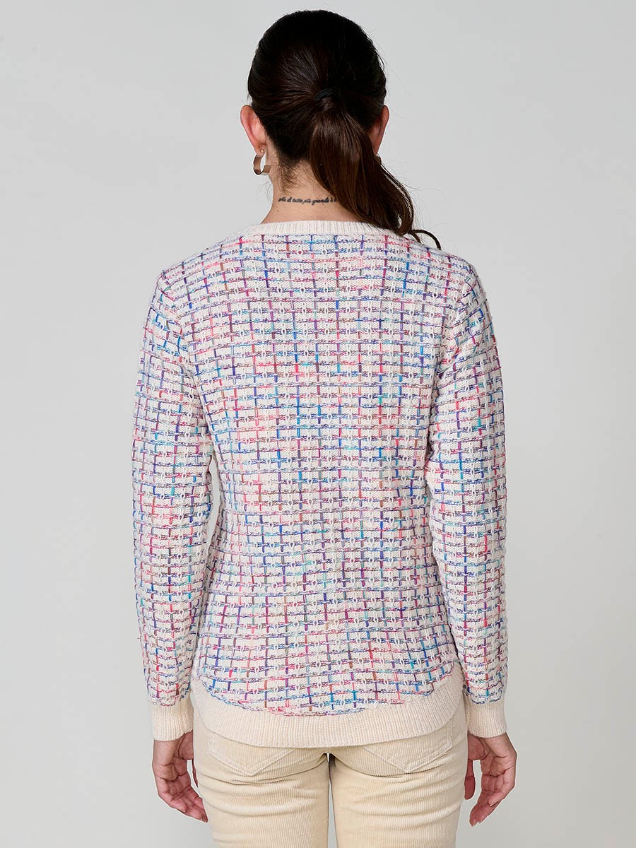 Pull femme écru en maille avec fil multicolore et base arrondie 6
