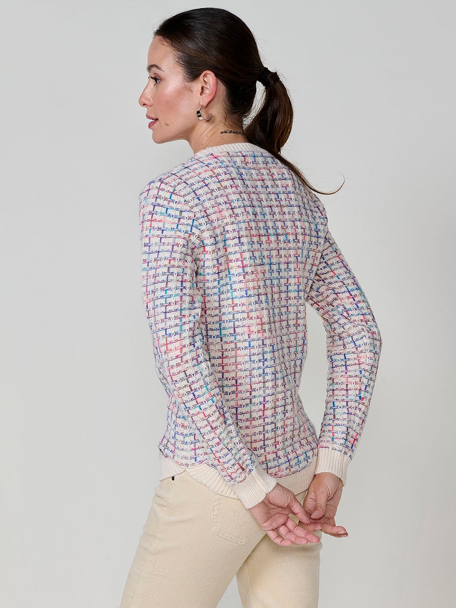 Pull femme écru en maille avec fil multicolore et base arrondie 5