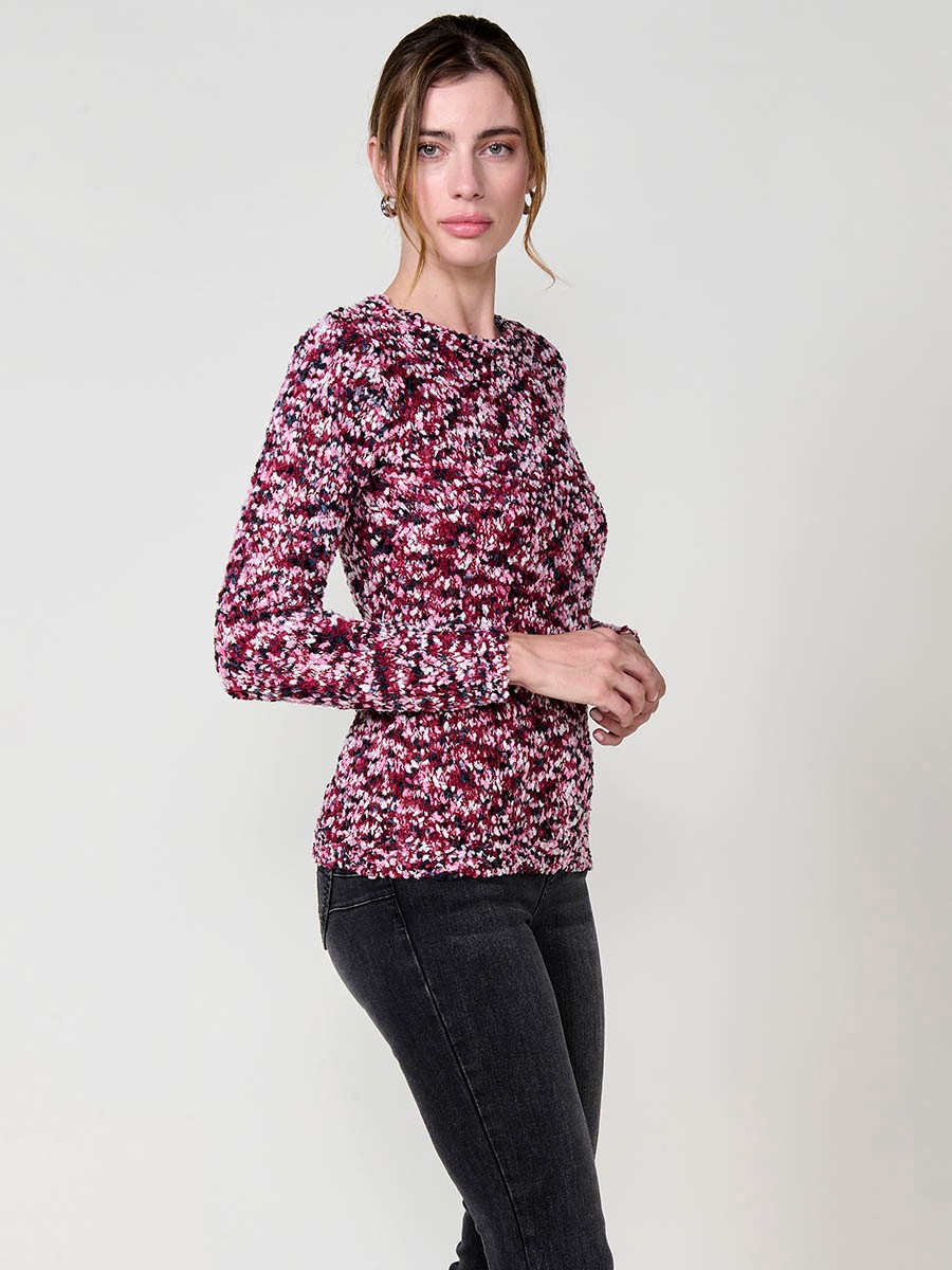Women’s multicolor chenille knit sweater with long sleeves, round neck and Koröshi metal logo plate at hem.