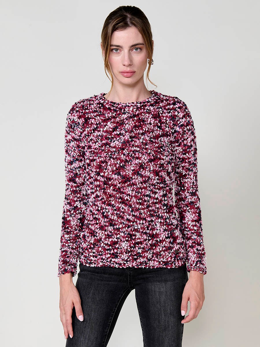 Women’s multicolor chenille knit sweater with long sleeves, round neck and Koröshi metal logo plate at hem.