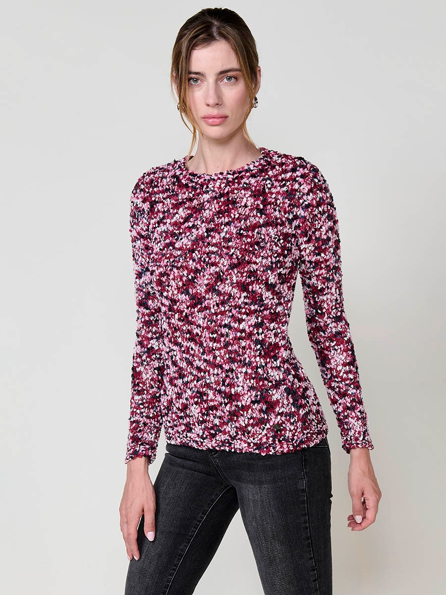 Women’s multicolor chenille knit sweater with long sleeves, round neck and Koröshi metal logo plate at hem.