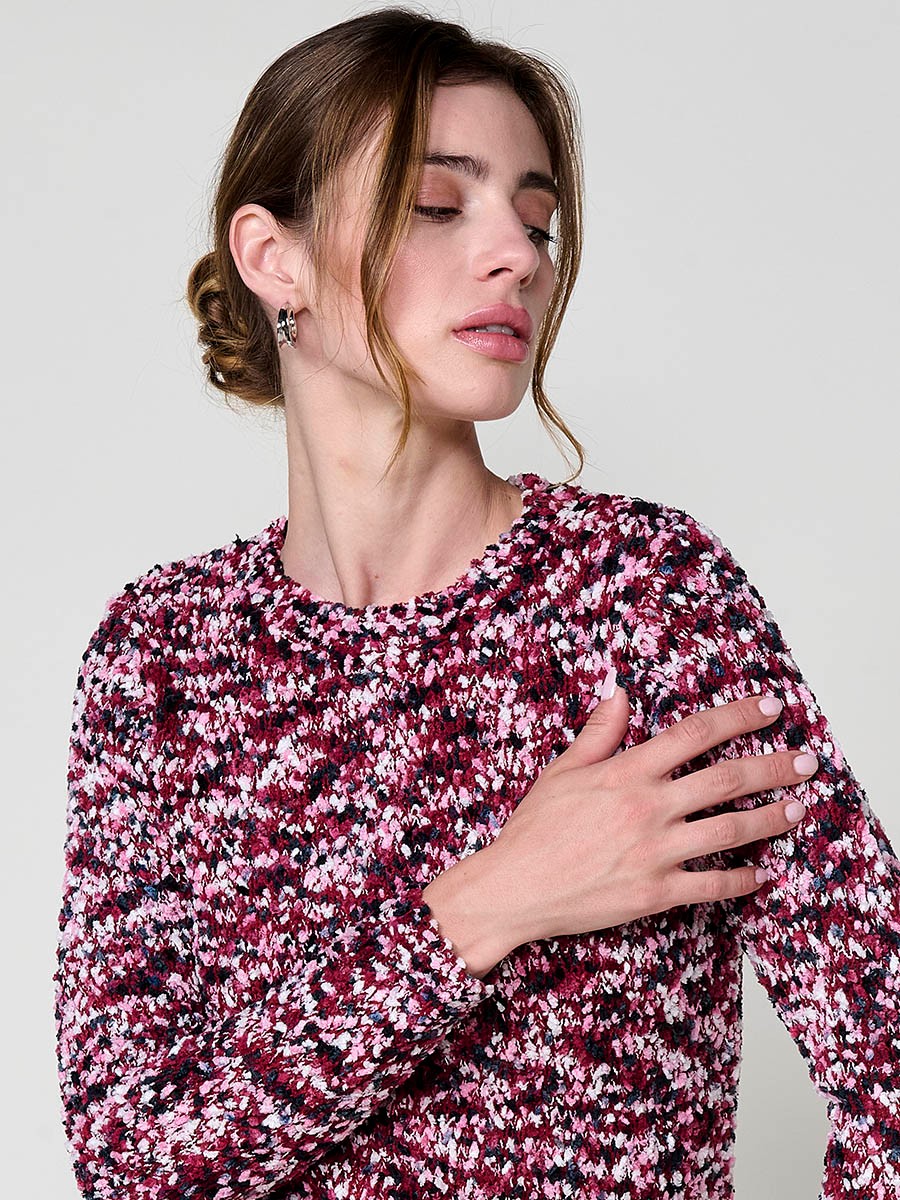 Women’s multicolor chenille knit sweater with long sleeves, round neck and Koröshi metal logo plate at hem.