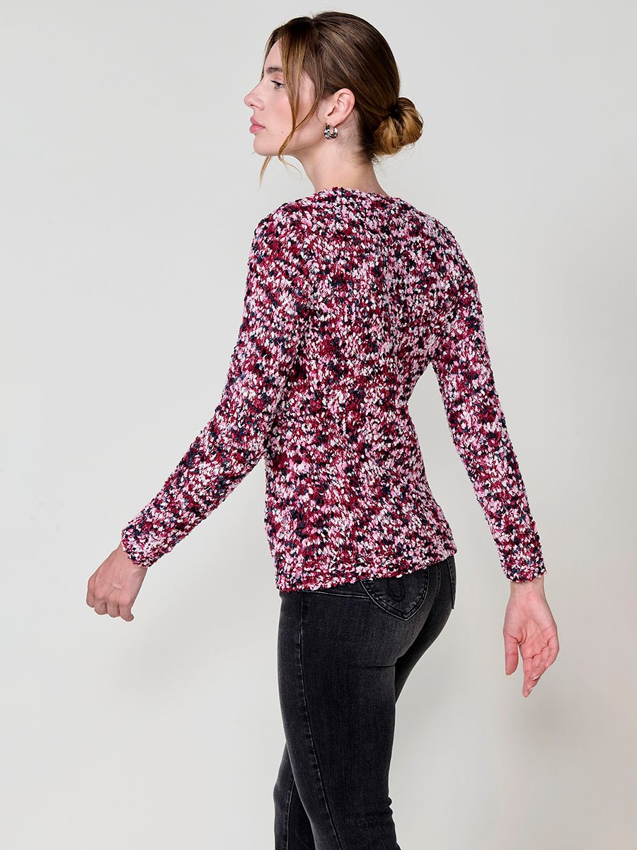 Women’s multicolor chenille knit sweater with long sleeves, round neck and Koröshi metal logo plate at hem.