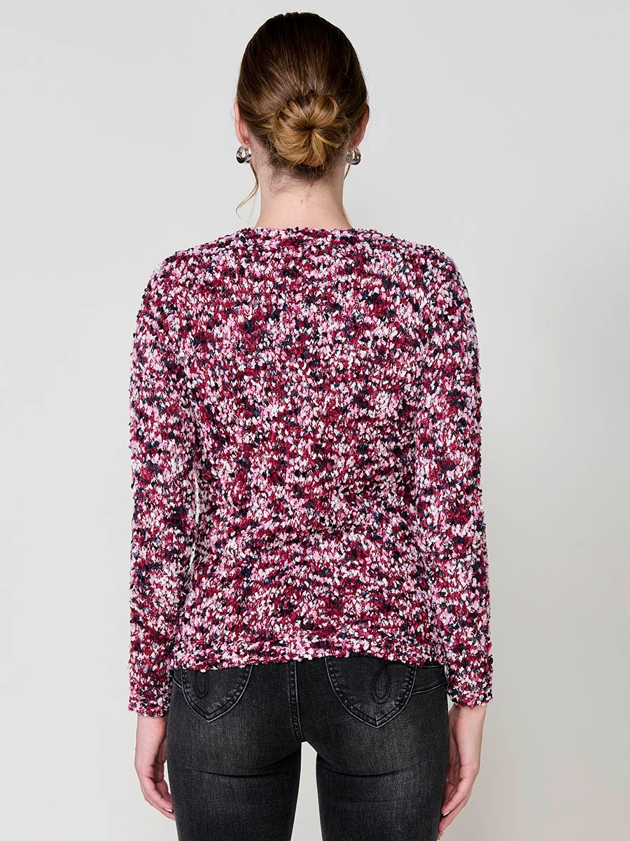 Women’s multicolor chenille knit sweater with long sleeves, round neck and Koröshi metal logo plate at hem.