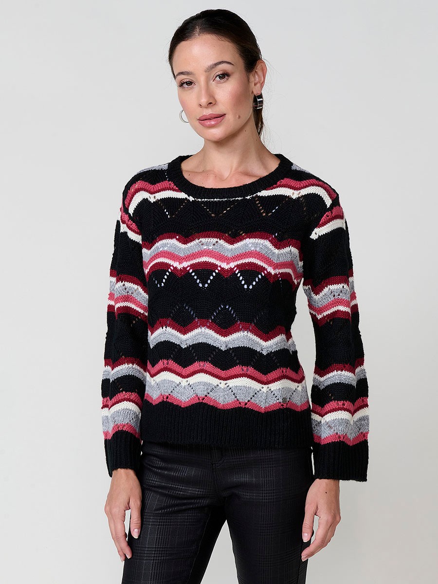 Pull femme en maille pointelle multicolore, manches longues évasées, col perkins et plaque logo Koröshi.