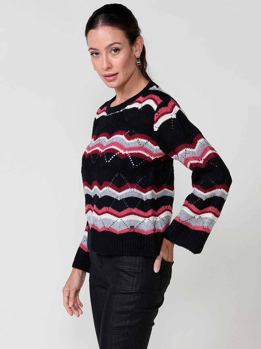 Pull femme en maille pointelle multicolore, manches longues évasées, col perkins et plaque logo Koröshi.