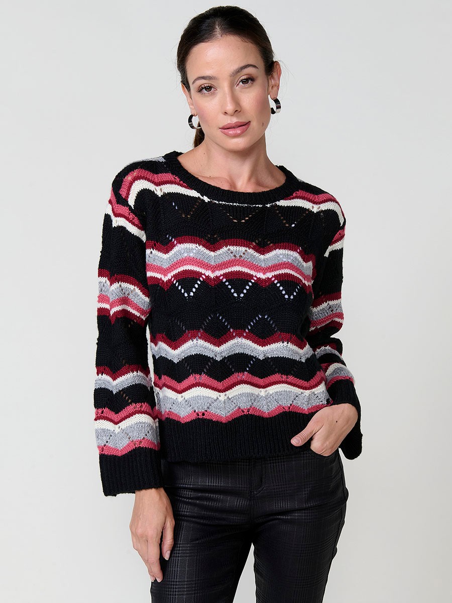 Pull femme en maille pointelle multicolore, manches longues évasées, col perkins et plaque logo Koröshi.