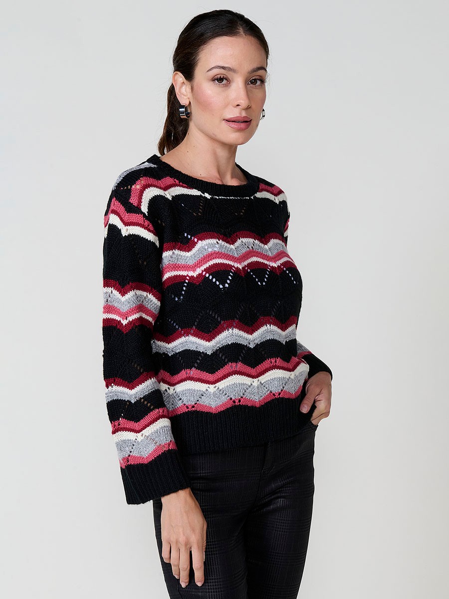 Pull femme en maille pointelle multicolore, manches longues évasées, col perkins et plaque logo Koröshi.