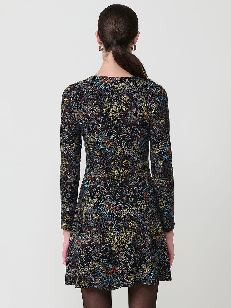 Vestido corto floral para mujer con escote pico y cremallera metálica con aro. Manga larga, tejido elástico y logo Koröshi.