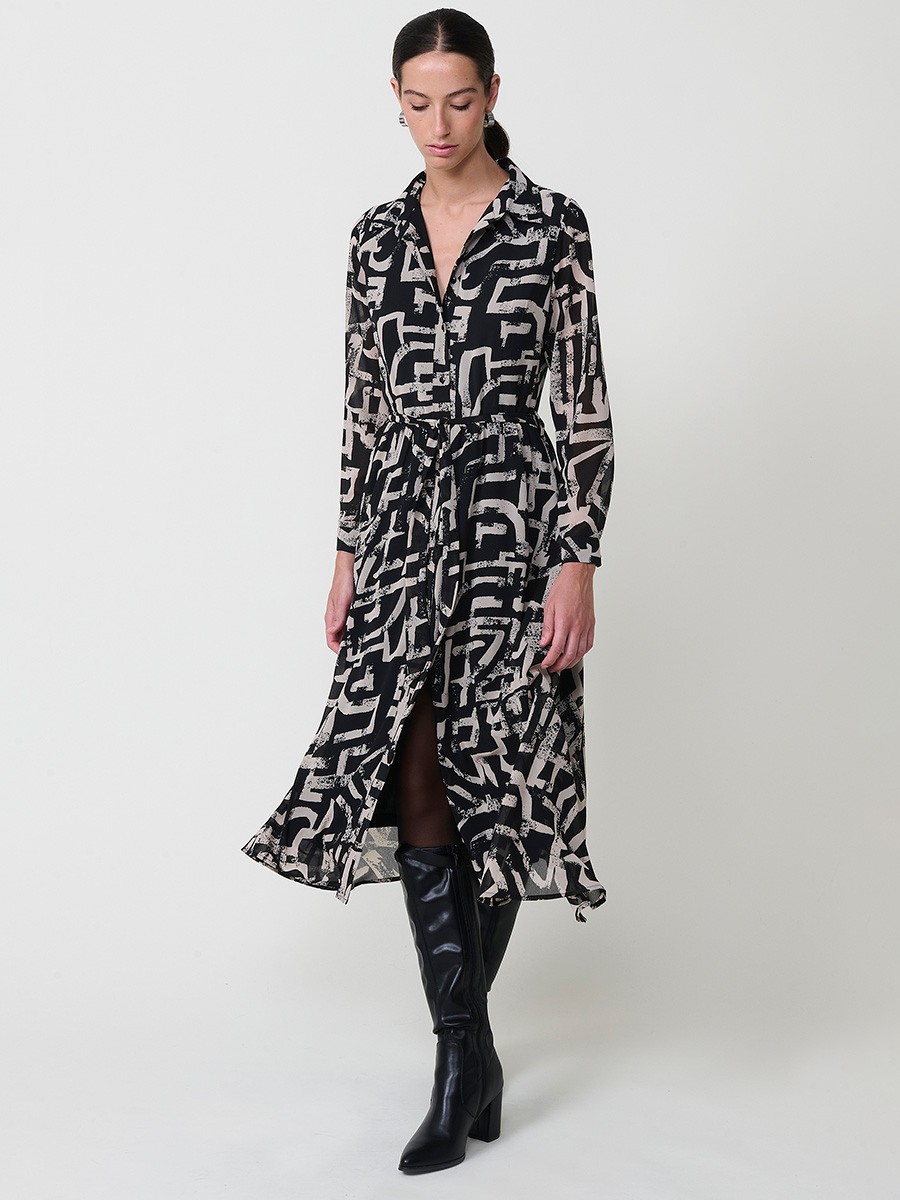 Vestido midi camisero para mujer en chifón con estampado abstracto, cierre de botones, cinturón a juego y manga larga con puño.
