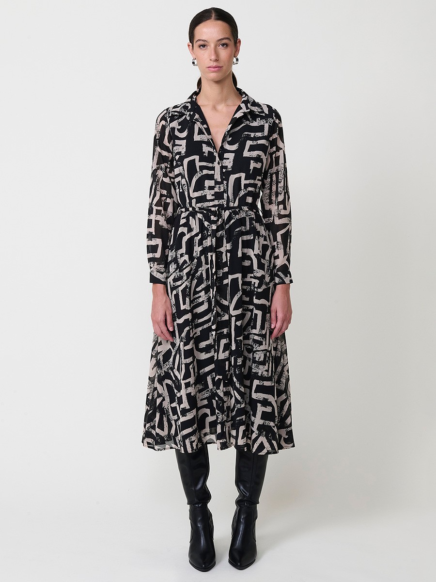 Vestido midi camisero para mujer en chifón con estampado abstracto, cierre de botones, cinturón a juego y manga larga con puño.