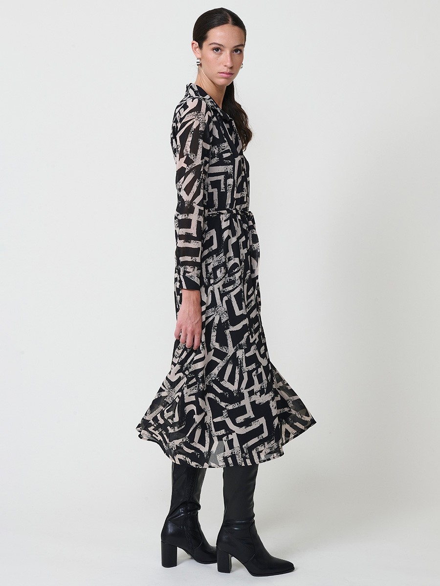 Vestido midi camisero para mujer en chifón con estampado abstracto, cierre de botones, cinturón a juego y manga larga con puño.