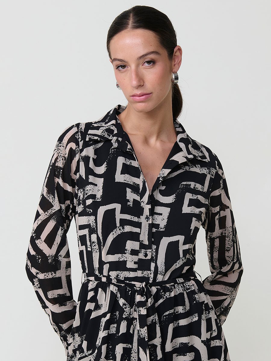 Vestido midi camisero para mujer en chifón con estampado abstracto, cierre de botones, cinturón a juego y manga larga con puño.