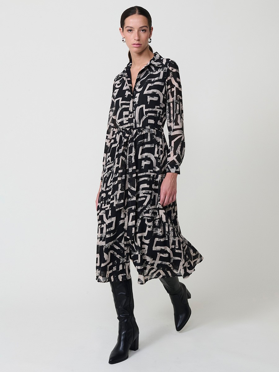 Vestido midi camisero para mujer en chifón con estampado abstracto, cierre de botones, cinturón a juego y manga larga con puño.