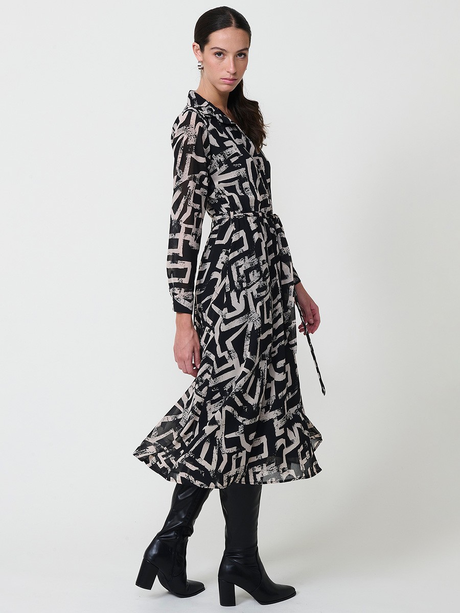 Vestido midi camisero para mujer en chifón con estampado abstracto, cierre de botones, cinturón a juego y manga larga con puño.