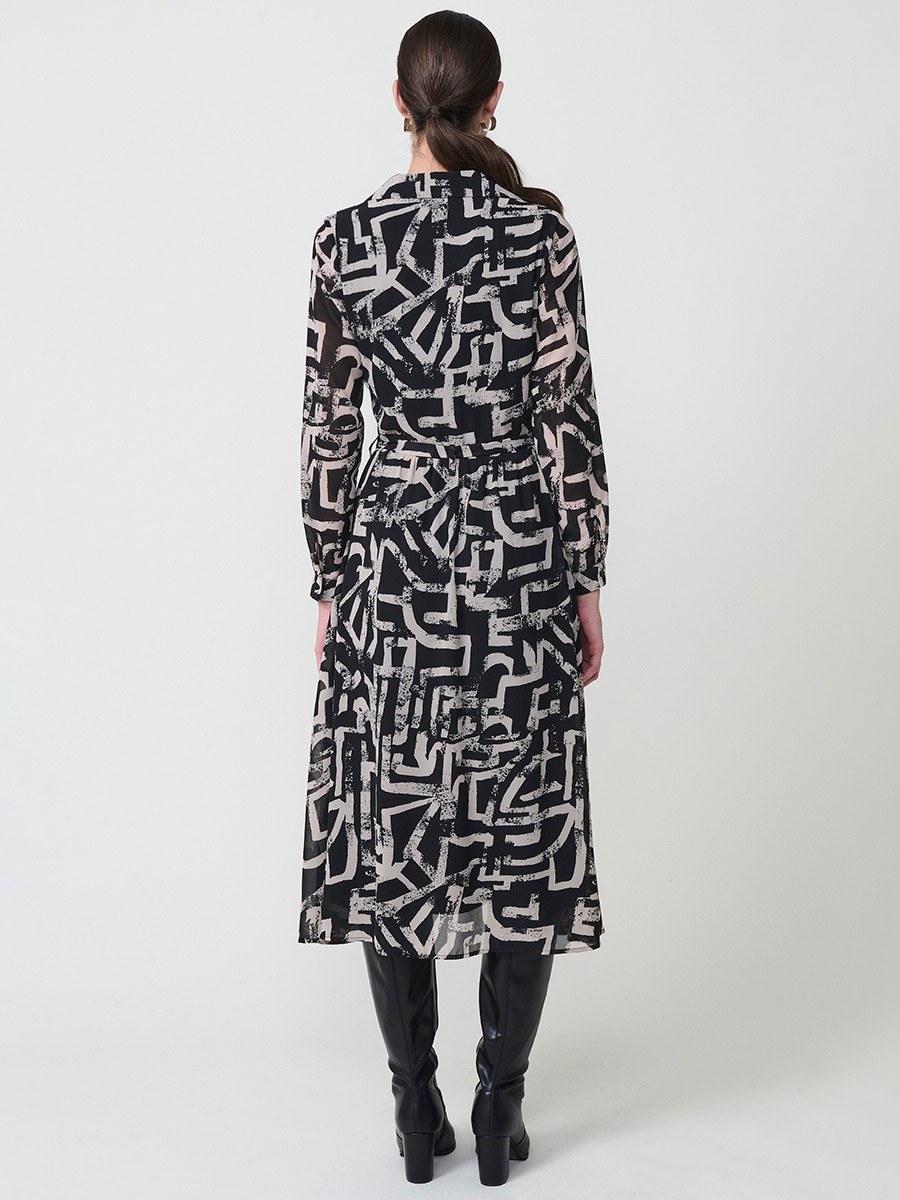 Vestido midi camisero para mujer en chifón con estampado abstracto, cierre de botones, cinturón a juego y manga larga con puño.