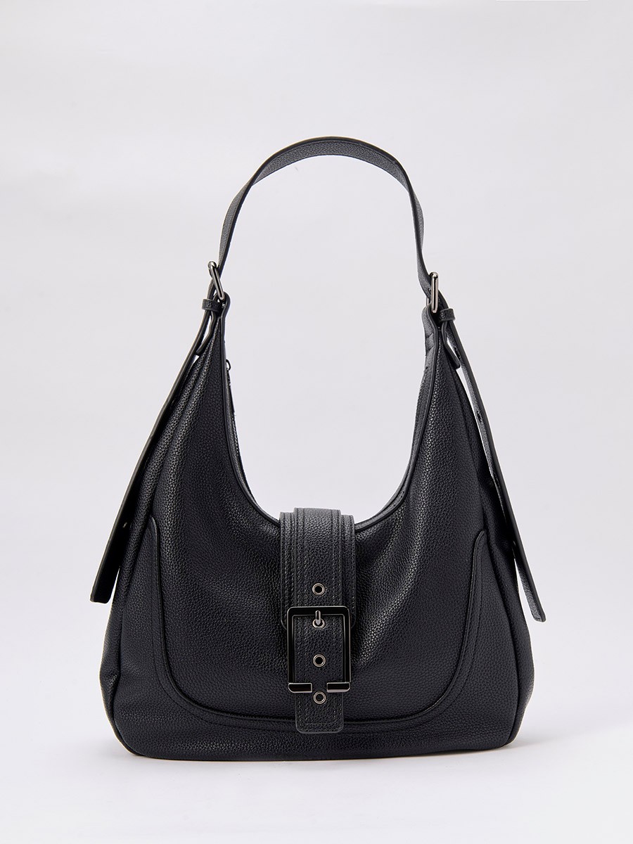 Faux leather women’s shoulder bag with top zipper closure, metal buckle detail and inner pocket.
