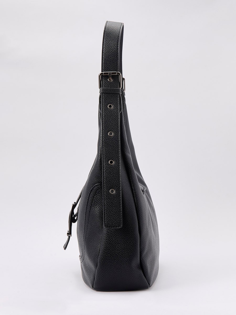 Faux leather women’s shoulder bag with top zipper closure, metal buckle detail and inner pocket.