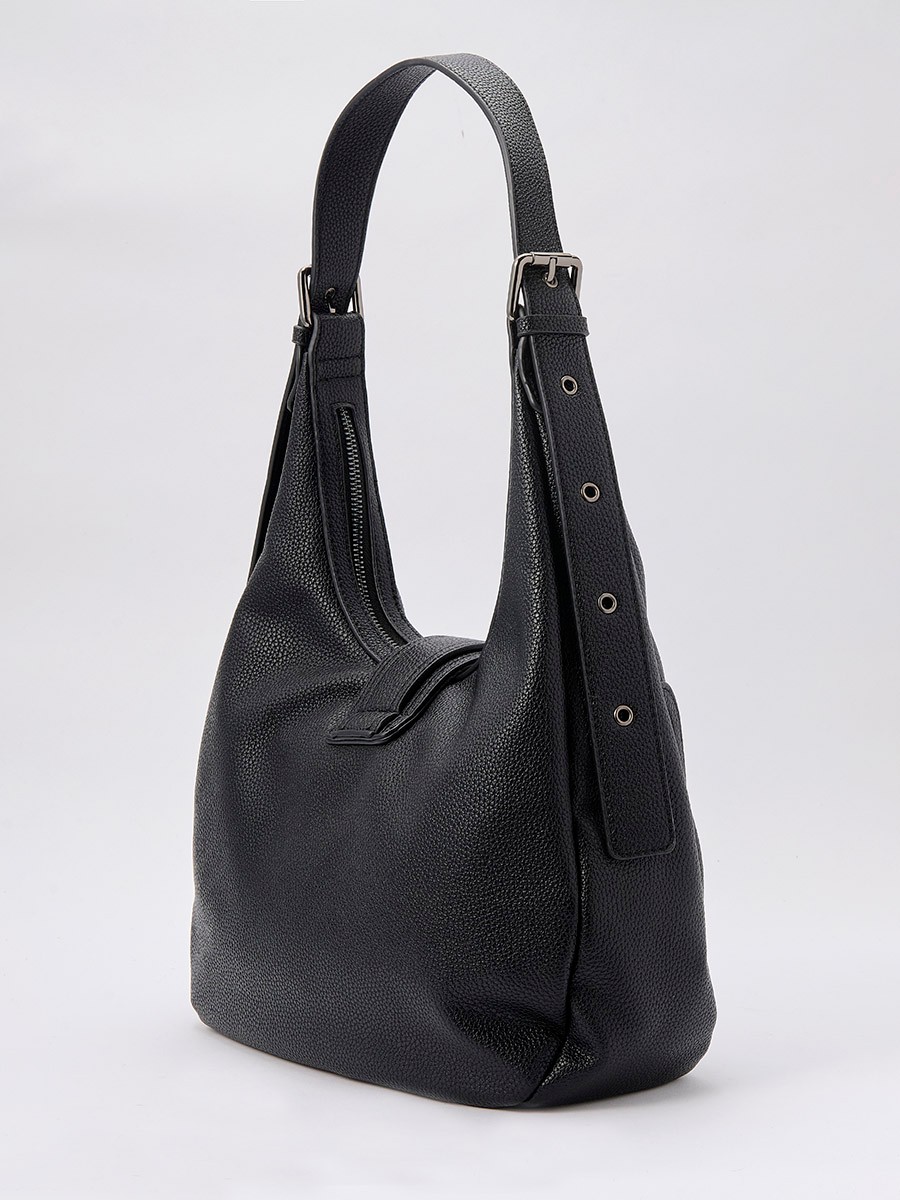 Faux leather women’s shoulder bag with top zipper closure, metal buckle detail and inner pocket.