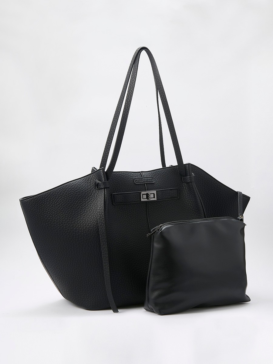 Large women’s shopper bag in faux leather with magnetic button closure and zip pouch inside.